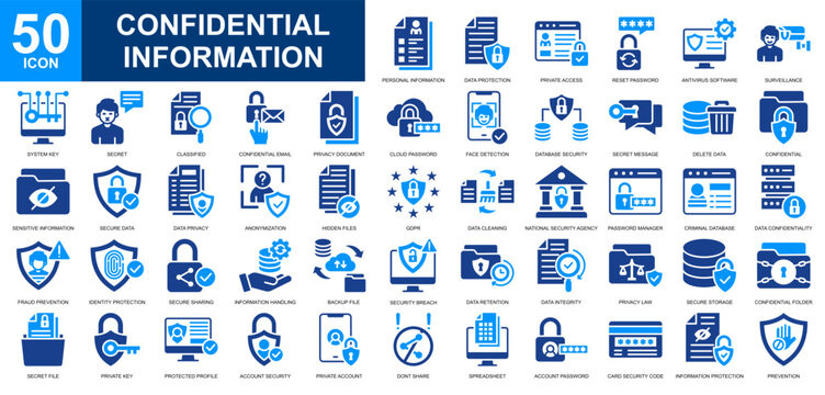 Confidential Information icon set collection. Secret file, Private Data, Personal data, confidentiality, data encryption icon. Simple glyph color vector.