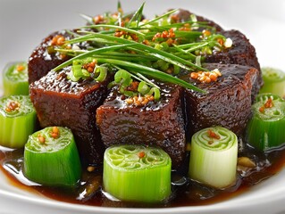 Delicious braised tofu cubes are artfully arranged on a white plate with vibrant green scallions and a rich dark sauce.