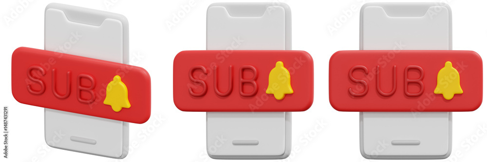 Poster set of 3d renderings of a red subscribe button with a yellow bell icon on a white smartphone 3d rend