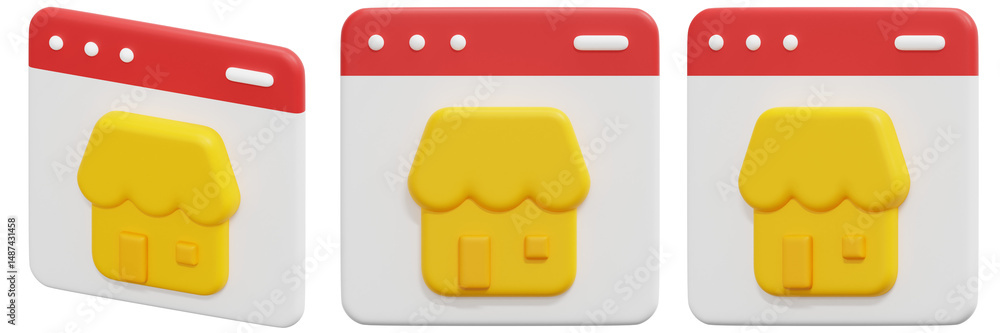 Poster set of 3d renderings of yellow house icons inside red and white browser windows 3d render icon illus