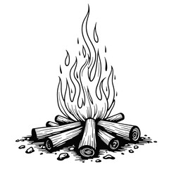Clean line art of fire sparks rising from campsite logs, clarity