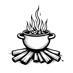 Campfire pot cooking meal over flames, outdoor adventure