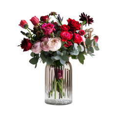 Fototapeta premium Romantic red and pink roses bouquet in elegant glass vase Isolated on Transparent Background