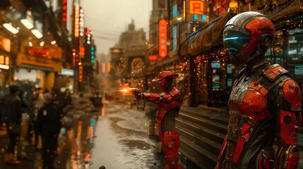 Obraz premium A cyborg sheriff stands vigilant on a rain-soaked street, its armor gleaming under neon lights, ready to protect the city from harm.