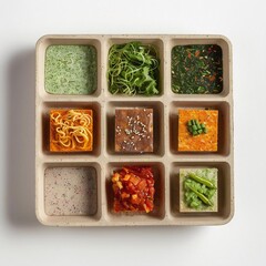 A natural, eco-friendly tray divided into nine compartments, filled with a variety of colorful vegetables, meats, and noodles.
