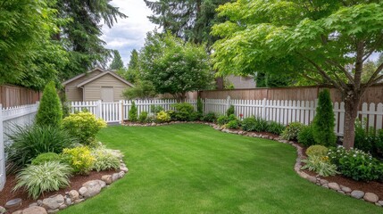 Naklejka premium Green Lawn and Vibrant Flowerbeds in a Well Maintained Backyard Garden