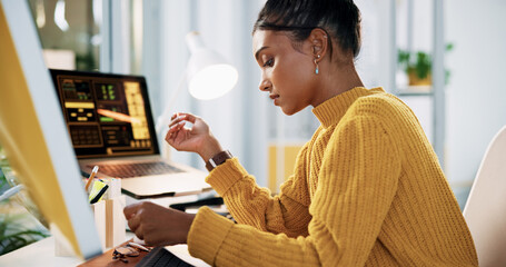Paper, reading and business woman in office for research, report or social media analyst thinking of idea. Document, review and serious creative worker with analytics or engagement stats in startup