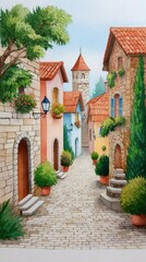 Fototapeta premium Idyllic Mediterranean Street Scene Cobblestone Pathway, Terracotta Roofs, Lush Greenery
