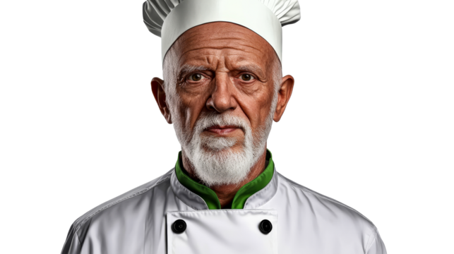 Chef Portrait, Elderly Man with White Beard and Uniform, cut out transparent