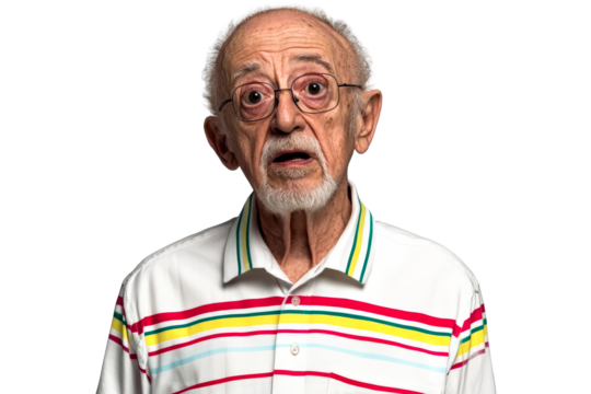 Astonished senior man with eyeglasses, open mouth, cut out transparent
