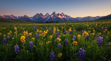 Vibrant Wildflower Meadow at Sunrise with Majestic Teton Mountain Range in Background