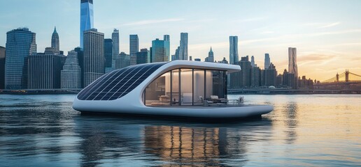 Obraz premium Futuristic Eco-Friendly Floating Home on NYC Skyline