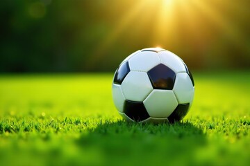 Fototapeta premium New soccer ball on green grass field, sunlight, athletic, sun