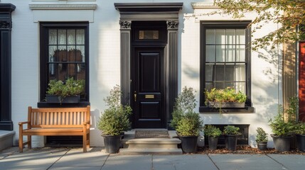 Fototapeta premium Charming Townhouse Entrance with Wooden Bench and Black Door