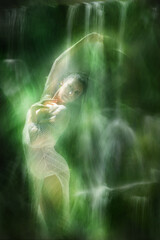 Posing in Knitted Leaf Dress by Waterfall