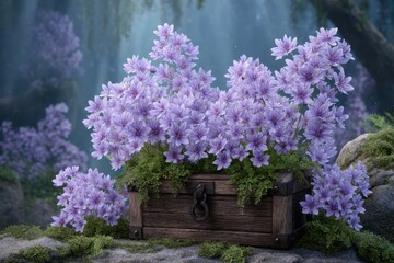 Lavender Flowers in Wooden Chest, Misty Forest Setting