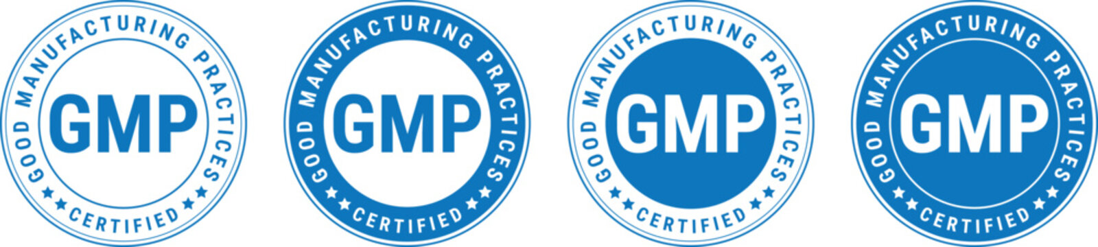 round blue GMP certified badges with bold letters and clean design used for good manufacturing labels	