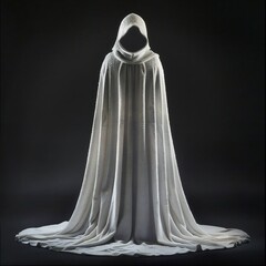 Naklejka premium A majestic figure in a flowing, luxurious white cloak stands against a black background, exuding mystery and enchantment.