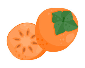 Ripe persimmon fruits. Whole and sliced persimmons.