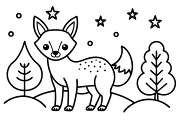 Fototapeta premium Cartoon fox stands in a simple forest landscape filled with stars and trees