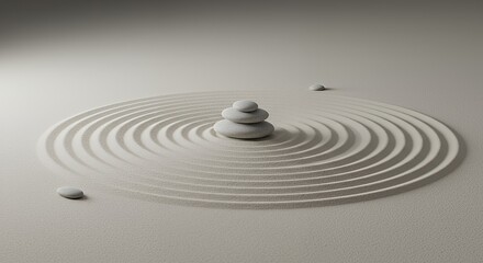 Zen garden with stacked stones and sand circles
