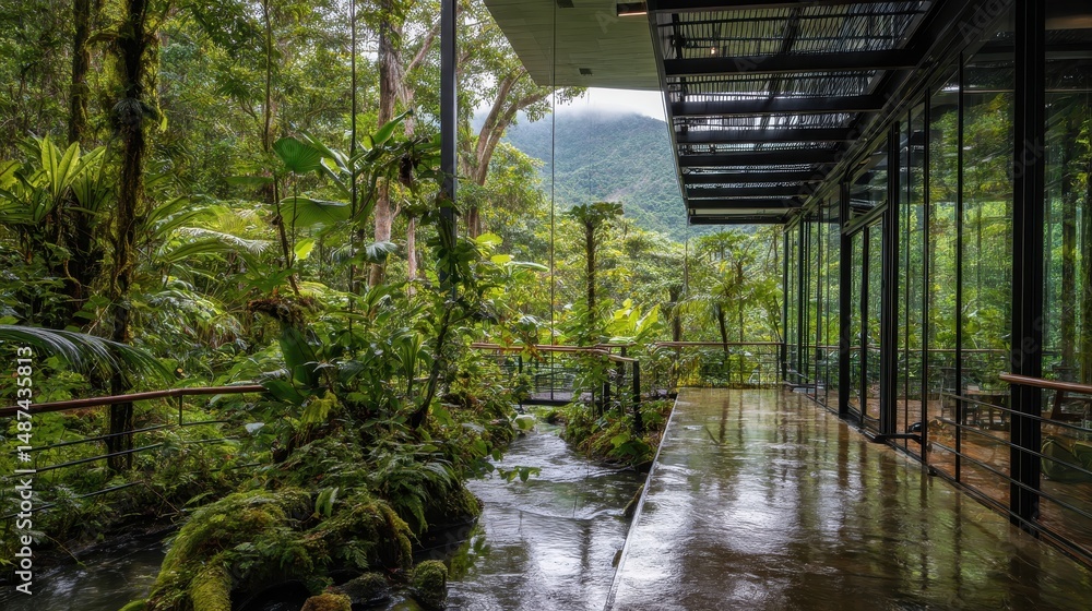 Poster serene jungle oasis with modern architecture surrounded by lush greenery and tranquil stream flowing
