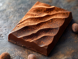 Artistic Chocolate Bar.  Close-up of an artistic wavy chocolate bar dusted with cocoa, showcasing luxurious gourmet dessert design.