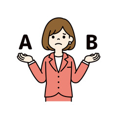 2つを比較検討して悩む、若い女性会社員のベクターイラスト素材＿線幅の編集可能＿カラー