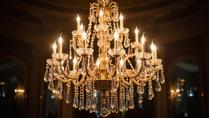 Elegant crystal and gold chandelier illuminating a dark room with candlelight