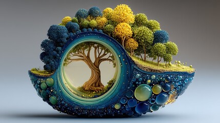 Spherical Enclosure Protecting a Lush Tree, Symbolizing Environmental Conservation and the Preservation of Nature's Beauty