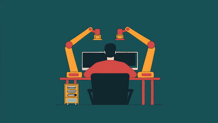 Obraz premium software developer programming an artificial intelligence neural network on a desktop computer male working in a modern technological facility with an automated production line with robotic 68355485 1