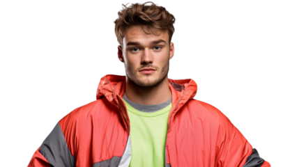 Portrait of a trendy man with a hood, looking forward, cut out transparent