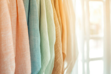 Colorful linen fabrics hanging in sunlight by a window, offering a serene display of soft textures and warm hues