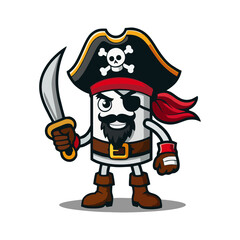 Obraz premium Pirate mascot character logo design for sailor adventure people illustration, skull jollyroger with beard hat and eyepatch, vintage ocean buccaneer corsair swashbuckler crew for marine battle adventur