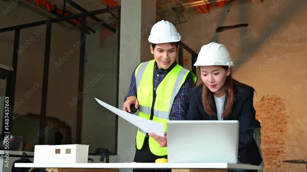 Poster two architects at construction site discussing blueprints and models, using digital tools and wearin