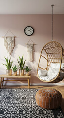 Cozy Bohemian Haven: Hanging Chair, Plants, & Macrame - Stylish Interior Design Inspiration!