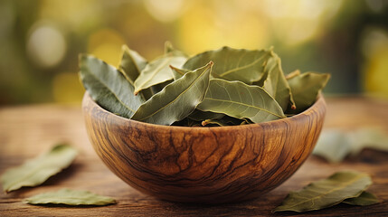 Bay Leaves in Wooden Bowl. Dried bay leaves in a beautifully textured wooden bowl on rustic wooden table, with natural background and warm light.