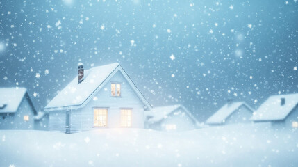 Snow covered suburban houses at night with glowing windows