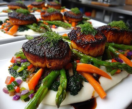 the photograph displays a line of prepared plates, each featuring an elegantly composed dish