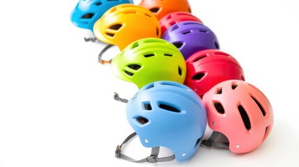 Fototapeta premium Colorful Kids' Bike Helmets: A Vibrant Row of Safety Gear