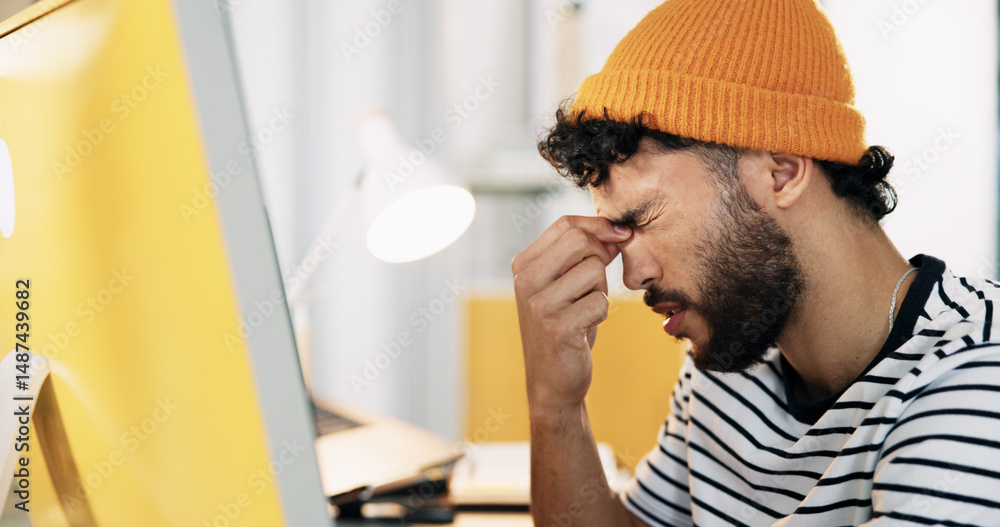 Poster creative, computer and man with headache in office for bad client feedback, internet glitch and burn
