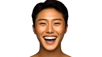 Asian woman’s joyful expression, big toothy smile, headshot, cut out transparent