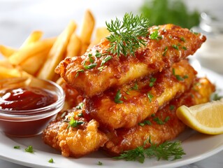 Crispy golden fish and chips with ketchup and lemon on a white plate garnished with fresh parsley.
