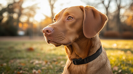 Brown Dog Sitting on Autumn Grass. Portrait of a brown dog with a collar sitting on grass during golden hour in autumn, looking attentively into the distance.