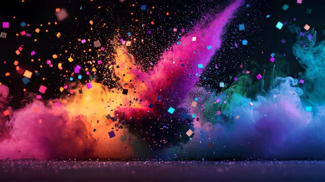 floating pixel color dust floating pixel particles explosion, floating pixel particles dust burst, floating pixel particles in colorful smoke. abstract explosion particle art, smoky background