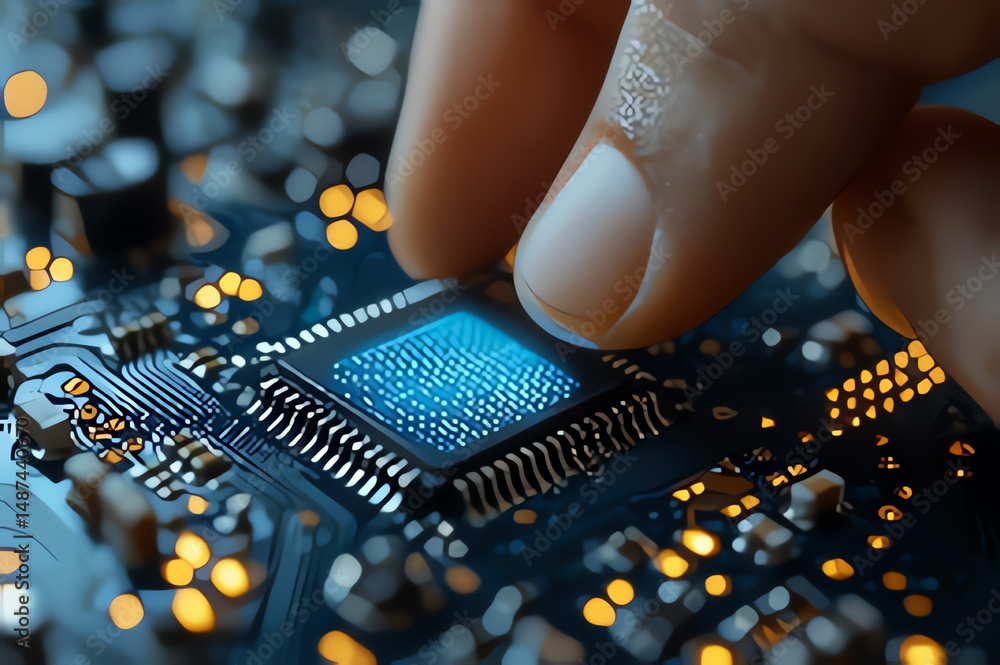 Poster a close-up of a hand delicately placing a microchip on a circuit board with bright lights in the bac