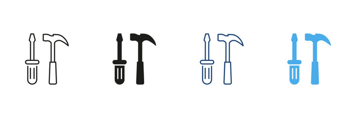 Screwdriver And Hammer Tool Icon Set. Construction, Repair, And Diy Equipment Outline And Solid Symbol Collection. Home Improvement And Maintenance Tools. Isolated Vector Illustration