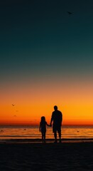 Sunset Silhouette: Father and Daughter Holding Hands on Beach