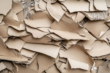 Abstract background of torn corrugated cardboard fragments texture close up