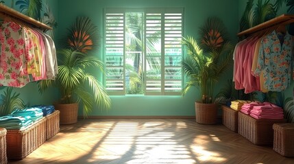 Sunny interior view of a bright room filled with tropical plants, clothes, and shuttered window